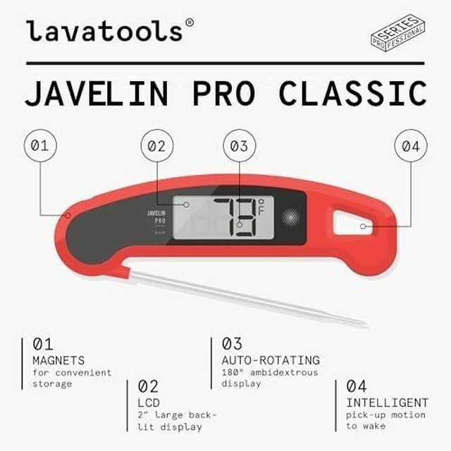Alt view image 9 of 12 - Javelin® PRO Classic Ultra-Fast 2-Second Professional Digital Instant Read Meat Thermometer for Grill and Cooking, Auto-Rotating Backlit Display, IP65 Water Resistant, NSF Certified Sambal