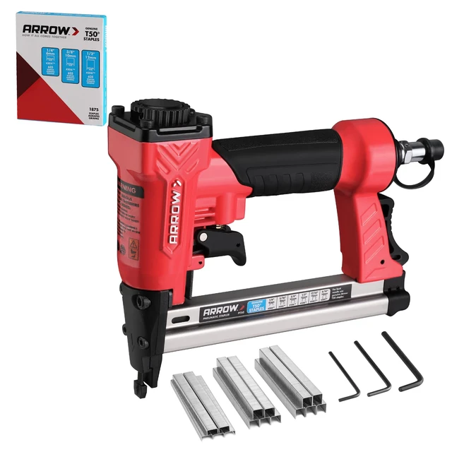 Alt view image 8 of 14 - Pneumatic Staple Gun, Air Stapler with 3750 Pieces T50 Staples | Oil-Free Upholstery Stapler with T50 1/4", 3/8", 1/2" Staples, Adjustable Exhaust, for Woodworking, Professional, DIY, PT50
