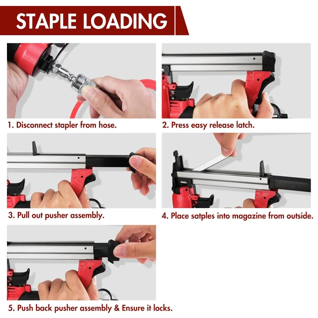 Alt view image 14 of 14 - Pneumatic Staple Gun, Air Stapler with 3750 Pieces T50 Staples | Oil-Free Upholstery Stapler with T50 1/4", 3/8", 1/2" Staples, Adjustable Exhaust, for Woodworking, Professional, DIY, PT50