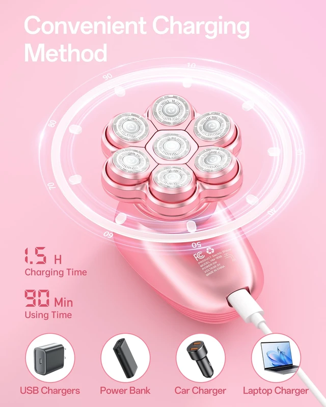 Alt view image 12 of 14 - 5-in-1 Electric Razors for Women, 7D Magnetic Heads Full Body Shaver, Waterproof Wet Dry Hair Remover with LED Display, Rechargeable Bikini Trimmer for Underarms, Face, Legs, Lips, Arms (Pink)