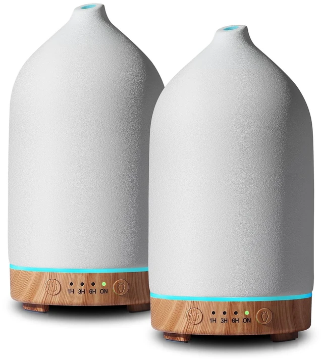 Alt view image 8 of 14 - 200ML Ceramic Essential Oil Diffuser for Home, Stone Diffuser 2 Pack | Ultrasonic Aromatherapy Diffuser & Air Humidifier for Bedroom, Office, Yoga, 7 LED Lights, Auto Shut-Off, 3 Timers,Wood Grain