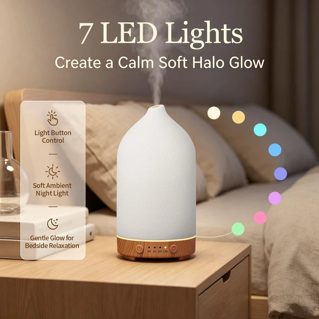 Alt view image 12 of 14 - 200ML Ceramic Essential Oil Diffuser for Home, Stone Diffuser 2 Pack | Ultrasonic Aromatherapy Diffuser & Air Humidifier for Bedroom, Office, Yoga, 7 LED Lights, Auto Shut-Off, 3 Timers,Wood Grain