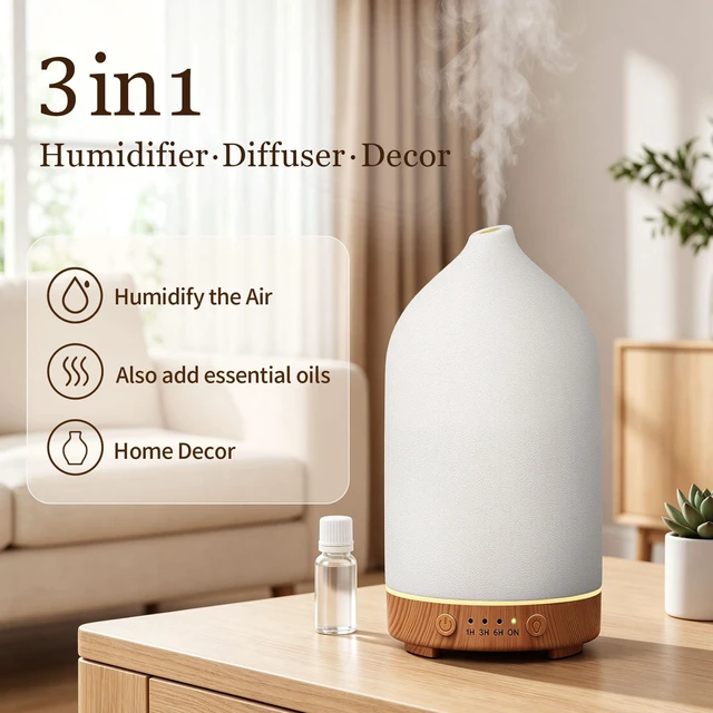 Alt view image 11 of 14 - 200ML Ceramic Essential Oil Diffuser for Home, Stone Diffuser 2 Pack | Ultrasonic Aromatherapy Diffuser & Air Humidifier for Bedroom, Office, Yoga, 7 LED Lights, Auto Shut-Off, 3 Timers,Wood Grain