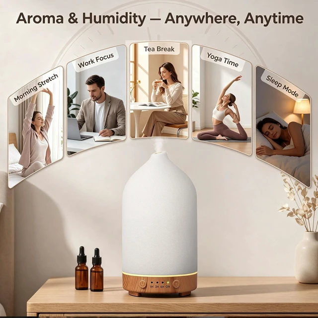 Alt view image 13 of 14 - 200ML Ceramic Essential Oil Diffuser for Home, Stone Diffuser 2 Pack | Ultrasonic Aromatherapy Diffuser & Air Humidifier for Bedroom, Office, Yoga, 7 LED Lights, Auto Shut-Off, 3 Timers,Wood Grain