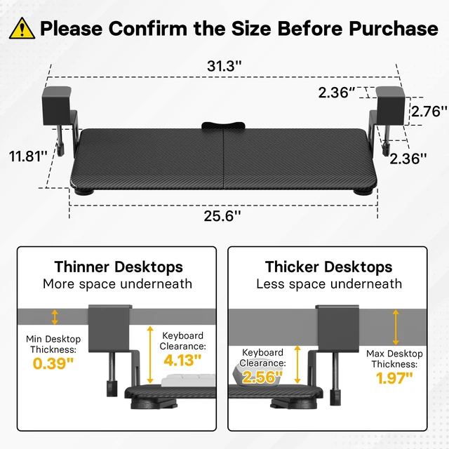 Alt view image 9 of 14 - Under Desk Keyboard Tray, Pull-Out Keyboard & Mouse Platform | C-Clamp Mount, Space-Saving Ergonomic Slide-Out Drawer, 31.3 in Including Clamps, 25.6 x 11.8 in Tray, Black Carbon Fiber