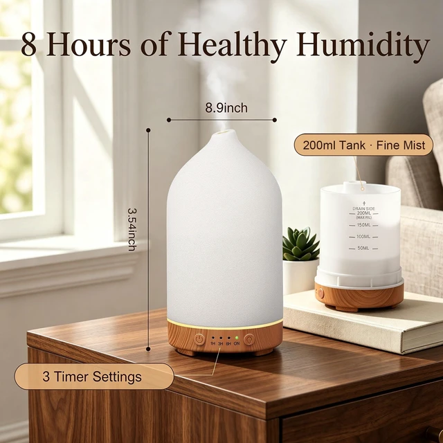 Alt view image 10 of 14 - 200ML Ceramic Essential Oil Diffuser for Home, Stone Diffuser 2 Pack | Ultrasonic Aromatherapy Diffuser & Air Humidifier for Bedroom, Office, Yoga, 7 LED Lights, Auto Shut-Off, 3 Timers,Wood Grain