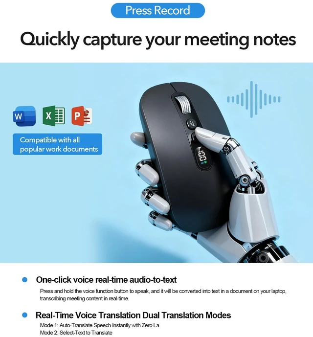 Alt view image 10 of 14 - AI Wireless Mouse with Voice-to-Text & 200+ Language Translator, Bluetooth 5.0 Wireless Silent Mouse for MacBook/PC/Laptop,USB-C Rechargeable, Smart AI Writing for Office & Meetings