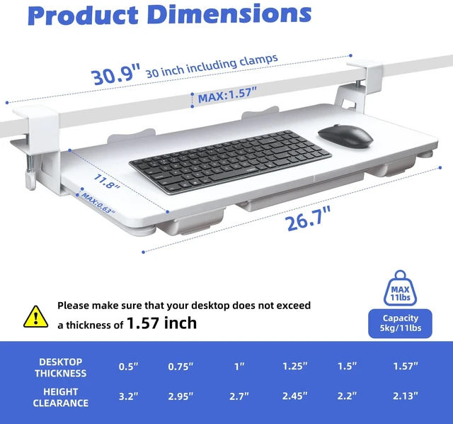 Alt view image 9 of 14 - Keyboard Tray Under Desk with Drawer,26.77" X 11.81"Large Size Keyboard Tray with C Clamp-on Mount, Easy to Install, for Home Office (White)