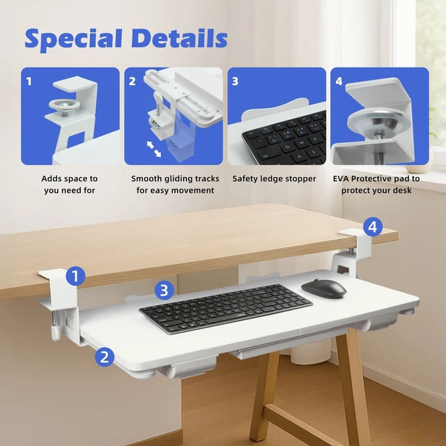 Alt view image 10 of 14 - Keyboard Tray Under Desk with Drawer,26.77" X 11.81"Large Size Keyboard Tray with C Clamp-on Mount, Easy to Install, for Home Office (White)