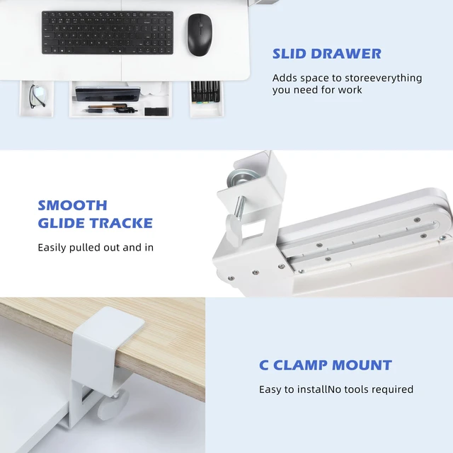 Alt view image 11 of 14 - Keyboard Tray Under Desk with Drawer,26.77" X 11.81"Large Size Keyboard Tray with C Clamp-on Mount, Easy to Install, for Home Office (White)