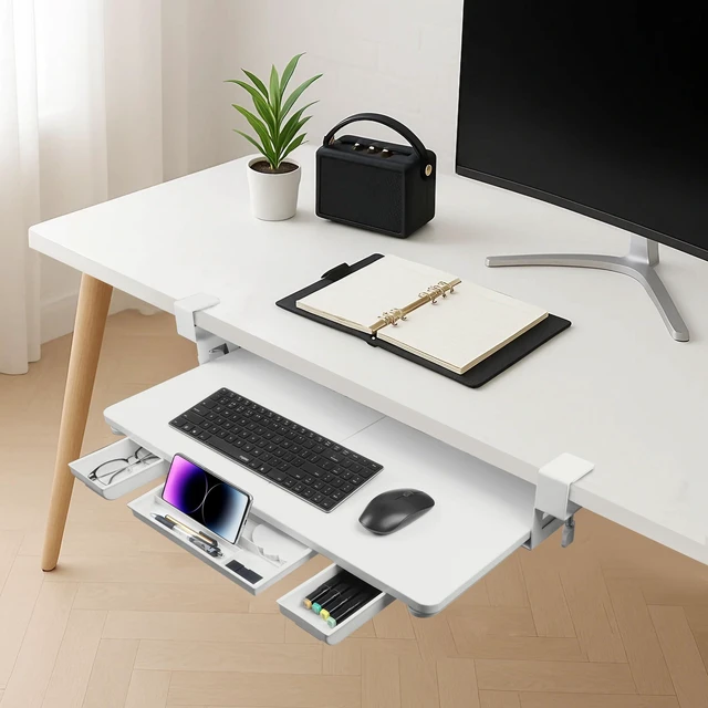 Alt view image 13 of 14 - Keyboard Tray Under Desk with Drawer,26.77" X 11.81"Large Size Keyboard Tray with C Clamp-on Mount, Easy to Install, for Home Office (White)