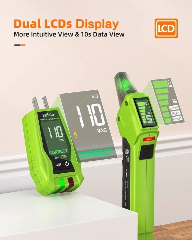 Alt view image 9 of 14 - Circuit Breaker Finder Tool with Outlet Tester, Quickly GFCI, Voltage, Electric Tester with Dual LCD Display, Light Socket and 3-2 Prong Grounding Adapter, Alligator Clip Adapter (Green)