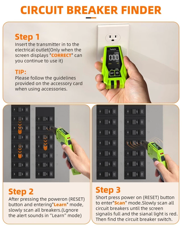 Alt view image 11 of 14 - Circuit Breaker Finder Tool with Outlet Tester, Quickly GFCI, Voltage, Electric Tester with Dual LCD Display, Light Socket and 3-2 Prong Grounding Adapter, Alligator Clip Adapter (Green)