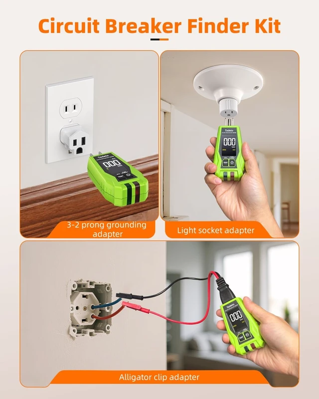 Alt view image 13 of 14 - Circuit Breaker Finder Tool with Outlet Tester, Quickly GFCI, Voltage, Electric Tester with Dual LCD Display, Light Socket and 3-2 Prong Grounding Adapter, Alligator Clip Adapter (Green)