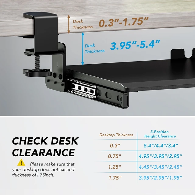 Alt view image 11 of 14 - Keyboard Tray Under Desk Pull Out with Extra Sturdy Adjustable C Clamp Mount System, 27.3 (32.5 inch Including Clamps) x 11 Inch Slide-Out Platform Computer Drawer for Typing, Black,AX01WB01