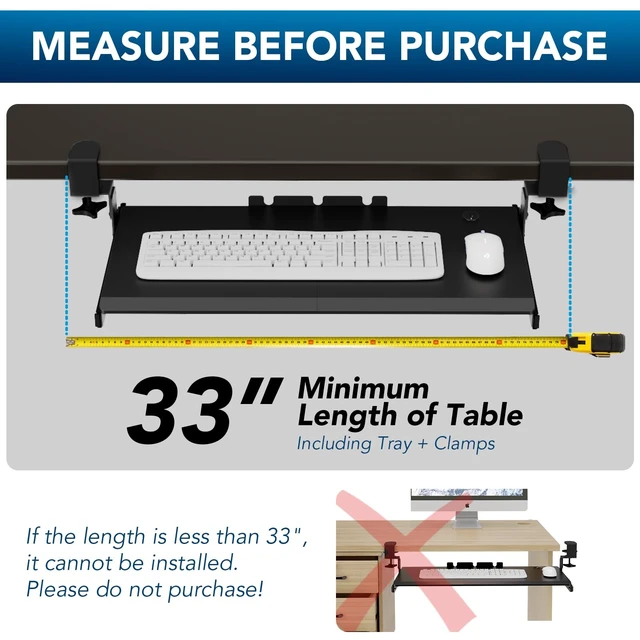 Alt view image 12 of 14 - Keyboard Tray Under Desk Pull Out with Extra Sturdy Adjustable C Clamp Mount System, 27.3 (32.5 inch Including Clamps) x 11 Inch Slide-Out Platform Computer Drawer for Typing, Black,AX01WB01