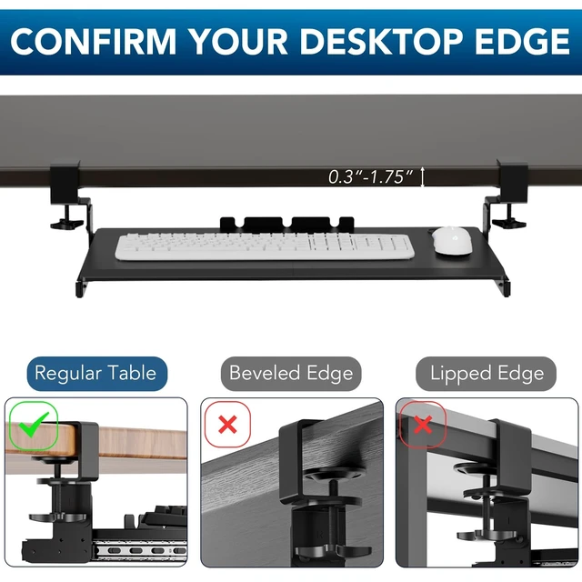 Alt view image 14 of 14 - Keyboard Tray Under Desk Pull Out with Extra Sturdy Adjustable C Clamp Mount System, 27.3 (32.5 inch Including Clamps) x 11 Inch Slide-Out Platform Computer Drawer for Typing, Black,AX01WB01