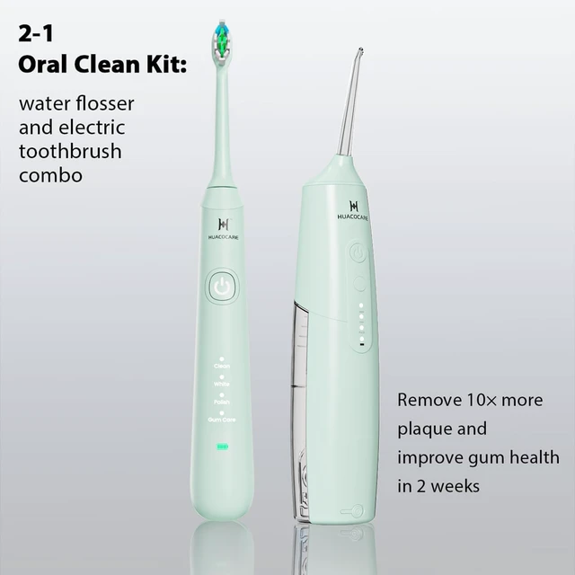 Alt view image 8 of 12 - 2-1 Oral Clean Kit- Water Dental flosser & Electric Toothbrush Combo- Brushing & Flossing- for Teeth Cleaning and Gum Health (Light Green)