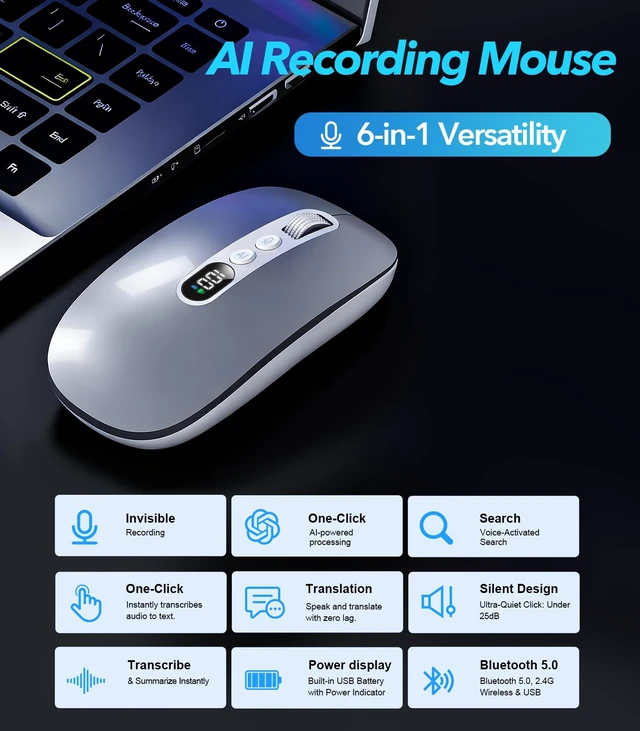 Alt view image 10 of 14 - AI Wireless Mouse with Voice-to-Text & 200+ Language Translator, Bluetooth 5.0 Wireless Silent Mouse for MacBook/PC/Laptop,USB-C Rechargeable, Smart AI Writing for Office & Meetings-Silver