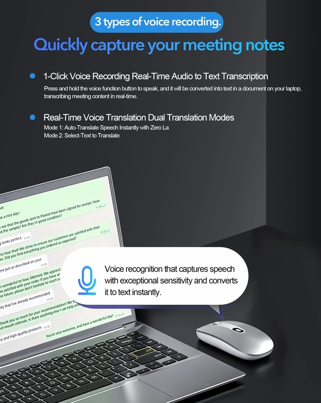 Alt view image 14 of 14 - AI Wireless Mouse with Voice-to-Text & 200+ Language Translator, Bluetooth 5.0 Wireless Silent Mouse for MacBook/PC/Laptop,USB-C Rechargeable, Smart AI Writing for Office & Meetings-Silver