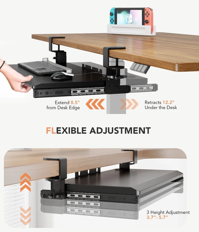 Alt view image 13 of 14 - Keyboard Tray Under Desk Pull Out with Extra Sturdy C Clamp Mount System, 27.3 (32.5 inch Including Clamps) x 11 Inch Slide-Out Platform Computer Drawer for Typing Black