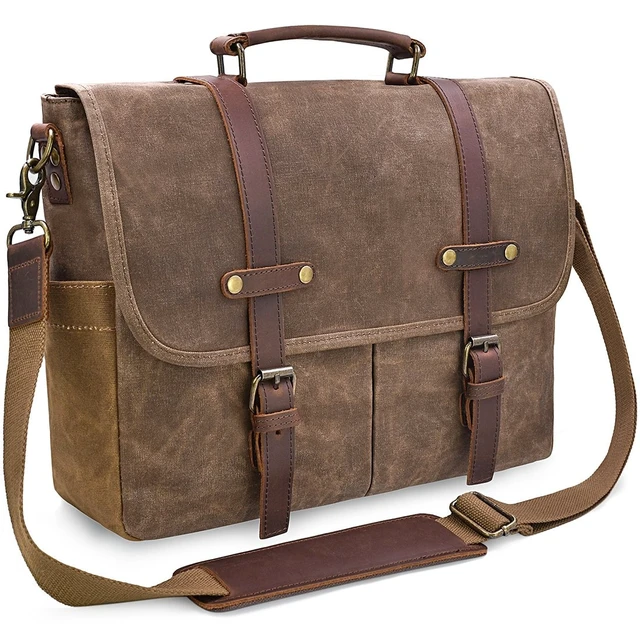 Alt view image 8 of 14 - Mens Messenger Bag 15.6 Inch Business Office Work Briefcase Brown | Waterproof, Vintage Genuine Leather, Waxed Canvas, Large Satchel Shoulder Bag, Rugged Leather Computer Laptop Bag