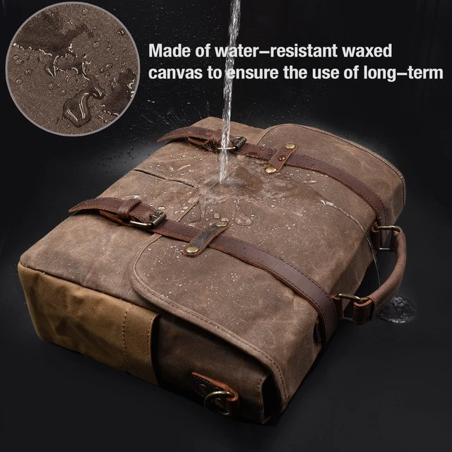 Alt view image 9 of 14 - Mens Messenger Bag 15.6 Inch Business Office Work Briefcase Brown | Waterproof, Vintage Genuine Leather, Waxed Canvas, Large Satchel Shoulder Bag, Rugged Leather Computer Laptop Bag