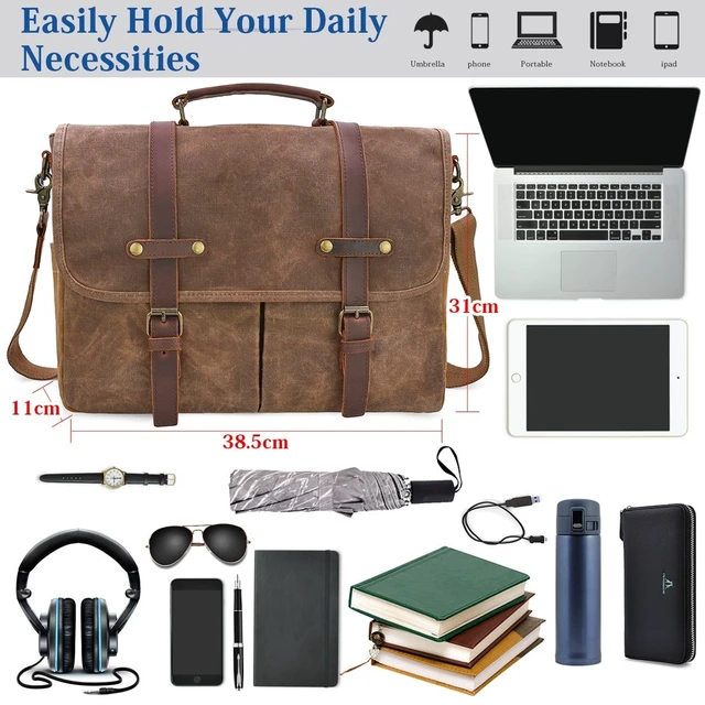 Alt view image 10 of 14 - Mens Messenger Bag 15.6 Inch Business Office Work Briefcase Brown | Waterproof, Vintage Genuine Leather, Waxed Canvas, Large Satchel Shoulder Bag, Rugged Leather Computer Laptop Bag