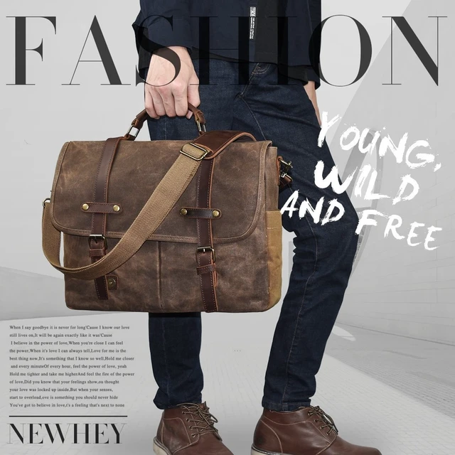 Alt view image 12 of 14 - Mens Messenger Bag 15.6 Inch Business Office Work Briefcase Brown | Waterproof, Vintage Genuine Leather, Waxed Canvas, Large Satchel Shoulder Bag, Rugged Leather Computer Laptop Bag