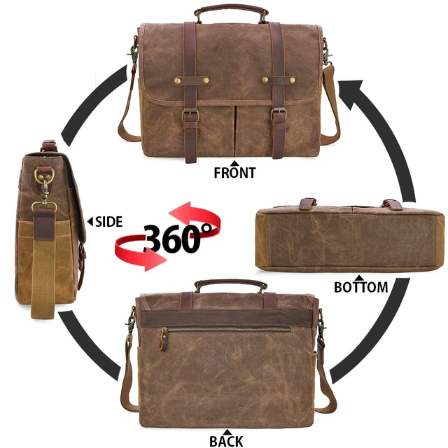 Alt view image 13 of 14 - Mens Messenger Bag 15.6 Inch Business Office Work Briefcase Brown | Waterproof, Vintage Genuine Leather, Waxed Canvas, Large Satchel Shoulder Bag, Rugged Leather Computer Laptop Bag