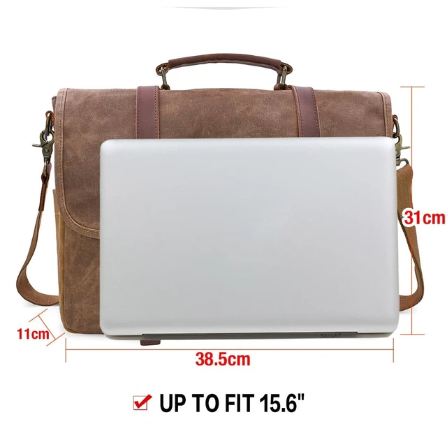 Alt view image 14 of 14 - Mens Messenger Bag 15.6 Inch Business Office Work Briefcase Brown | Waterproof, Vintage Genuine Leather, Waxed Canvas, Large Satchel Shoulder Bag, Rugged Leather Computer Laptop Bag