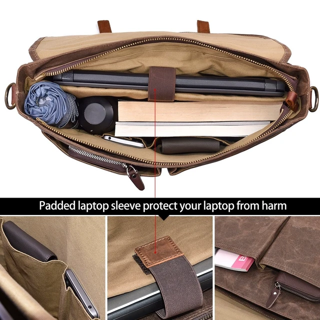 Alt view image 11 of 14 - Mens Messenger Bag 15.6 Inch Business Office Work Briefcase Brown | Waterproof, Vintage Genuine Leather, Waxed Canvas, Large Satchel Shoulder Bag, Rugged Leather Computer Laptop Bag