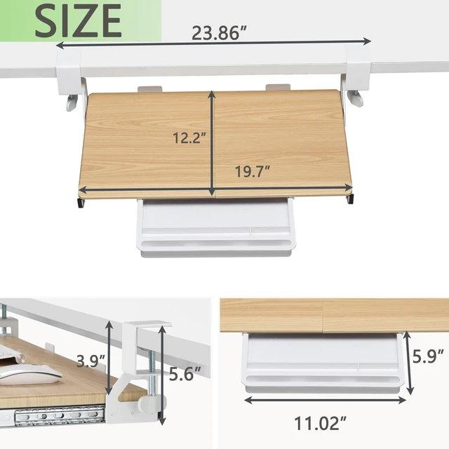 Alt view image 9 of 14 - Small Keyboard Tray Under Desk with Metal Rail, 19.7x11.8", Oak | Slide Out Ergonomic Keyboard Drawer, Pull Out Keyboard Tray for Home Office Desk, Suitable Max Desk Thickness 1.96"