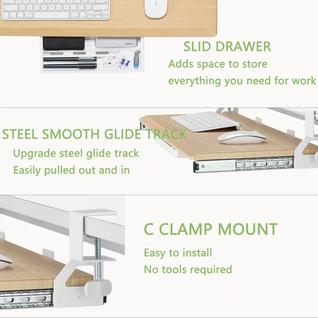Alt view image 13 of 14 - Small Keyboard Tray Under Desk with Metal Rail, 19.7x11.8", Oak | Slide Out Ergonomic Keyboard Drawer, Pull Out Keyboard Tray for Home Office Desk, Suitable Max Desk Thickness 1.96"