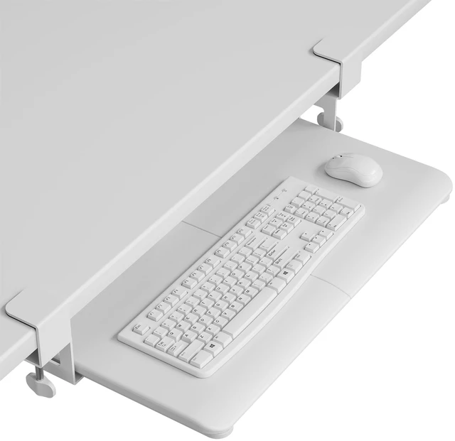 Alt view image 8 of 14 - Under Desk Keyboard Tray, Pull-Out Keyboard & Mouse Platform | C-Clamp Mount, Space-Saving Ergonomic Slide-Out Drawer, 31.3 in Including Clamps, 25.6 x 11.8 in Tray, White