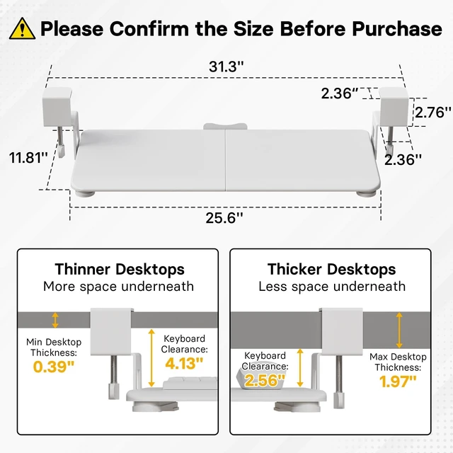 Alt view image 9 of 14 - Under Desk Keyboard Tray, Pull-Out Keyboard & Mouse Platform | C-Clamp Mount, Space-Saving Ergonomic Slide-Out Drawer, 31.3 in Including Clamps, 25.6 x 11.8 in Tray, White