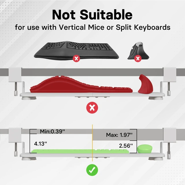 Alt view image 13 of 14 - Under Desk Keyboard Tray, Pull-Out Keyboard & Mouse Platform | C-Clamp Mount, Space-Saving Ergonomic Slide-Out Drawer, 31.3 in Including Clamps, 25.6 x 11.8 in Tray, White