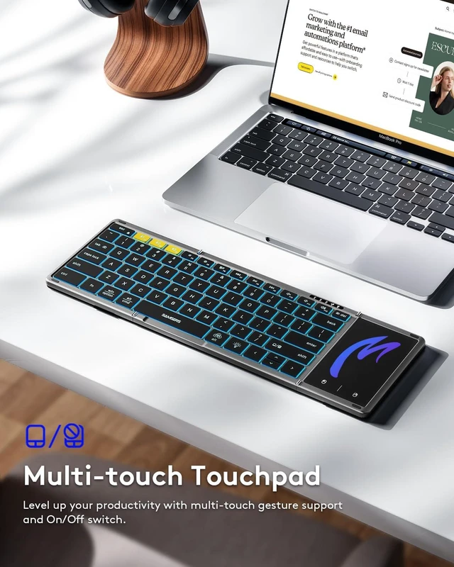 Alt view image 11 of 14 - Full-Size Backlit Foldable Bluetooth Keyboard with Touchpad, Gray | 7-color illuminated, BT5.1 x 3, Multi-touch Trackpad, PU Leather Cover, Phone Holder, Mouse click, Velvet bag, Mobile Work