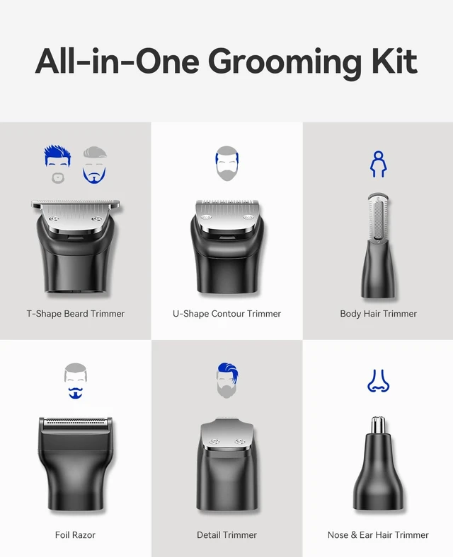 Alt view image 9 of 14 - Beard Trimmer for Men 6-in-1 Dual Speed Electric Shaver and Hair Clipper for Face, Beard, Head & Body Hair Trimmer with Magnetic Interchangeable Heads & Charging Base IPX6 LED Display Gray