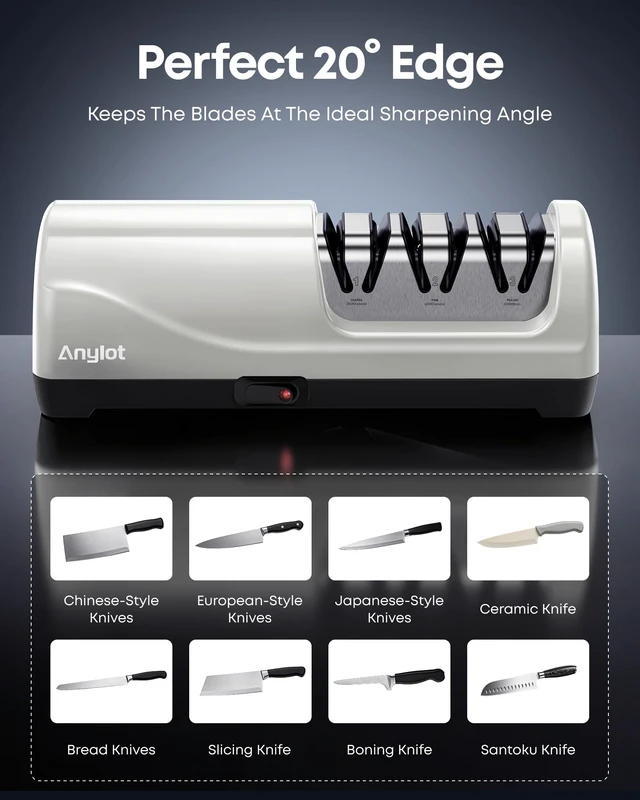 Alt view image 10 of 14 - Kitchen Electric Knife Sharpener, 3-Stage 100% Diamond 20° Angle Guide | Knife Sharpener Electric Fast & Safe Sharpening for Kitchen Knives, Home Use & Beginners (White)