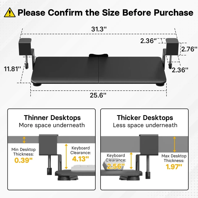 Alt view image 9 of 14 - Under Desk Keyboard Tray, Pull-Out Keyboard & Mouse Platform | C-Clamp Mount, Space-Saving Ergonomic Slide-Out Drawer, 31.3 in Including Clamps, 25.6 x 11.8 in Tray, Black
