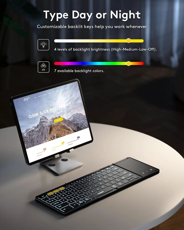 Alt view image 10 of 14 - Full-Size Backlit Foldable Bluetooth Keyboard with Touchpad, Black | 7-color illuminated, BT5.1 x 3, Multi-touch Trackpad, PU Leather Cover, Phone Holder, Mouse click, Velvet bag, Mobile Work