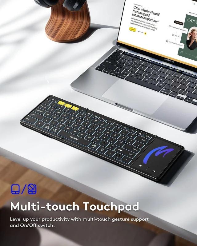Alt view image 11 of 14 - Full-Size Backlit Foldable Bluetooth Keyboard with Touchpad, Black | 7-color illuminated, BT5.1 x 3, Multi-touch Trackpad, PU Leather Cover, Phone Holder, Mouse click, Velvet bag, Mobile Work