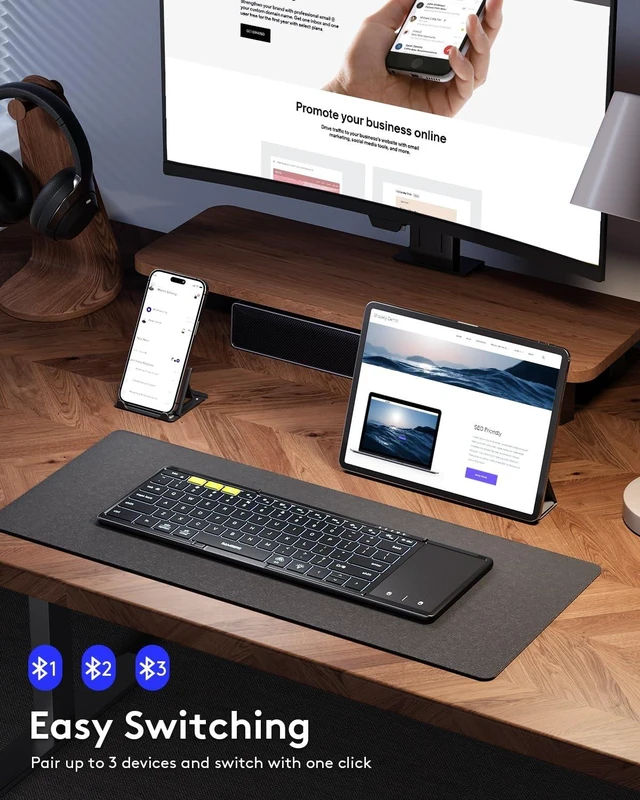 Alt view image 9 of 14 - Full-Size Backlit Foldable Bluetooth Keyboard with Touchpad, Black | 7-color illuminated, BT5.1 x 3, Multi-touch Trackpad, PU Leather Cover, Phone Holder, Mouse click, Velvet bag, Mobile Work