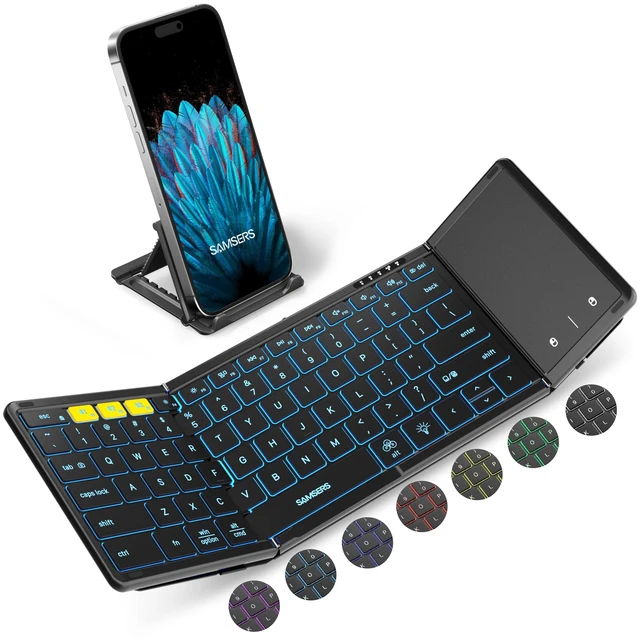 Alt view image 8 of 14 - Full-Size Backlit Foldable Bluetooth Keyboard with Touchpad, Black | 7-color illuminated, BT5.1 x 3, Multi-touch Trackpad, PU Leather Cover, Phone Holder, Mouse click, Velvet bag, Mobile Work