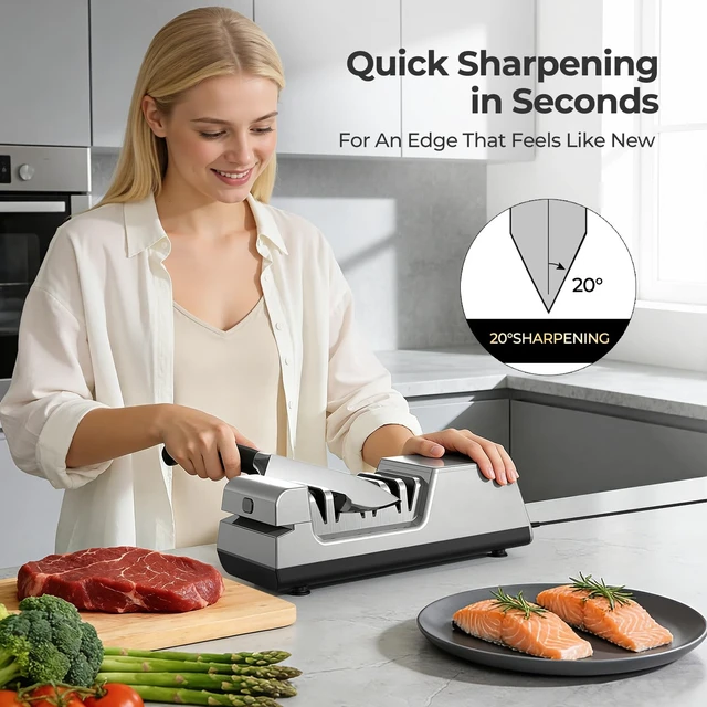 Alt view image 9 of 14 - Knife Sharpener, 3-Stage Diamond Electric Knife Sharpener for Stainless Steel & Ceramic Kitchen Knives, 40 Seconds Quick Repairing & Polishing, Open Design Port for Scissors Sharpening
