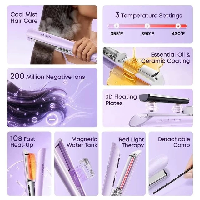 Alt view image 9 of 14 - 1" Cool Mist Flat Iron, Steam Hair Straightener for Less Heat Damage | Detachable Comb, 200M Negative Ions, 10s Heat-Up, 3 Heat Levels, 3D Floating Ceramic Plates, Less Frizz, Magnetic Tank