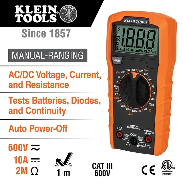 Alt view image 9 of 14 - MM320KIT Digital Multimeter Electrical Test Kit, Non-Contact Voltage Tester, Receptacle Tester, Carrying Case and Batteries