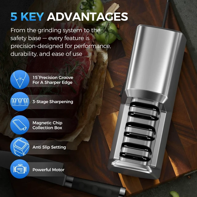 Alt view image 9 of 14 - Electric Knife Sharpener for Kitchen Knives, 3-Stage, Fast, Repair, Polish | 3-Stage Kitchen Knife Sharpener - 15°Precision Angle Guide Knife Sharpeners - Stainless Steel Grinding Head