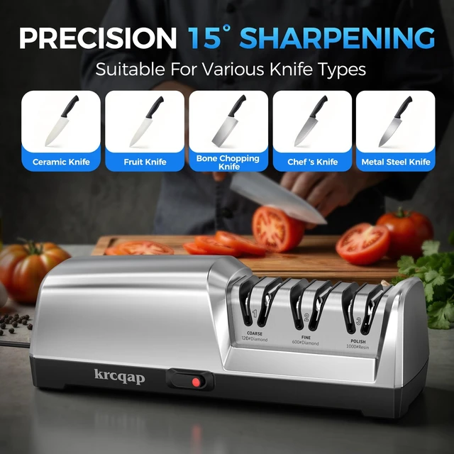 Alt view image 11 of 14 - Electric Knife Sharpener for Kitchen Knives, 3-Stage, Fast, Repair, Polish | 3-Stage Kitchen Knife Sharpener - 15°Precision Angle Guide Knife Sharpeners - Stainless Steel Grinding Head